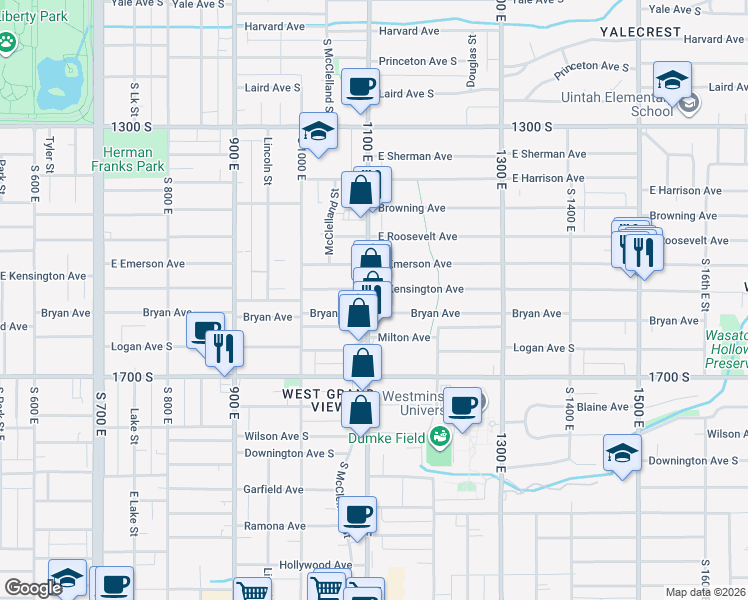 map of restaurants, bars, coffee shops, grocery stores, and more near 1569 1100 East in Salt Lake City