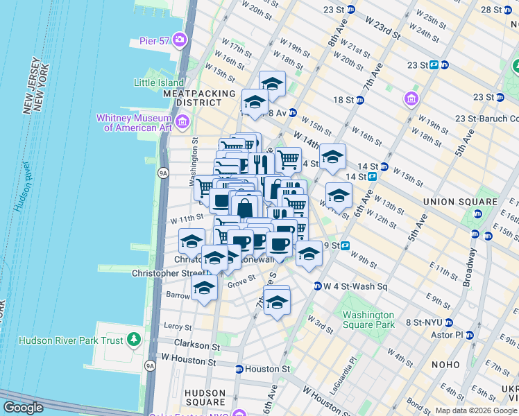map of restaurants, bars, coffee shops, grocery stores, and more near 67 Perry Street in New York
