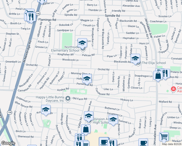 map of restaurants, bars, coffee shops, grocery stores, and more near 18 Violet Lane in Levittown
