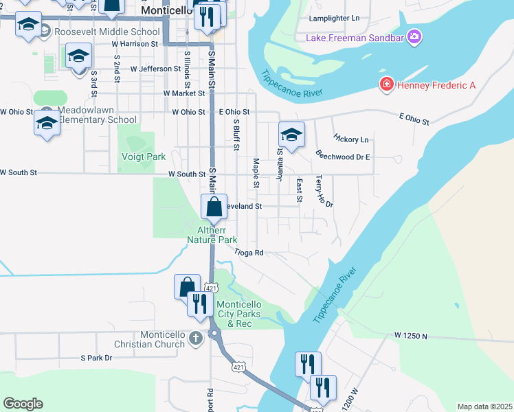 map of restaurants, bars, coffee shops, grocery stores, and more near 701 Maple Street in Monticello