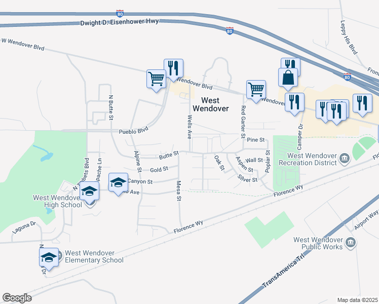 map of restaurants, bars, coffee shops, grocery stores, and more near 730 Buena Vista Street in West Wendover