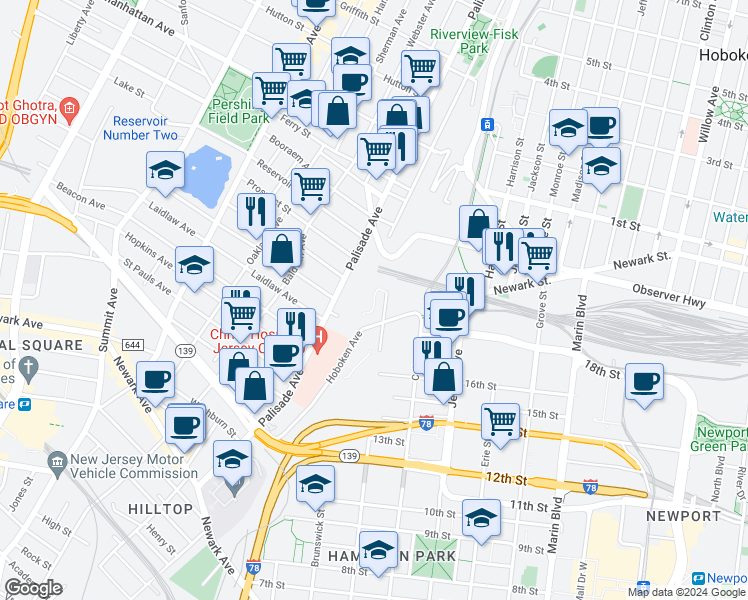map of restaurants, bars, coffee shops, grocery stores, and more near 110 Hoboken Avenue in Jersey City