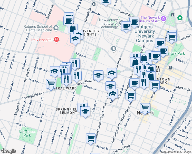 map of restaurants, bars, coffee shops, grocery stores, and more near 180 William Street in Newark