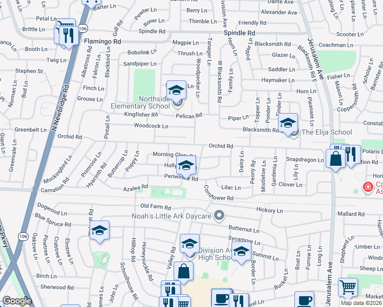 map of restaurants, bars, coffee shops, grocery stores, and more near 18 Violet Lane in Levittown
