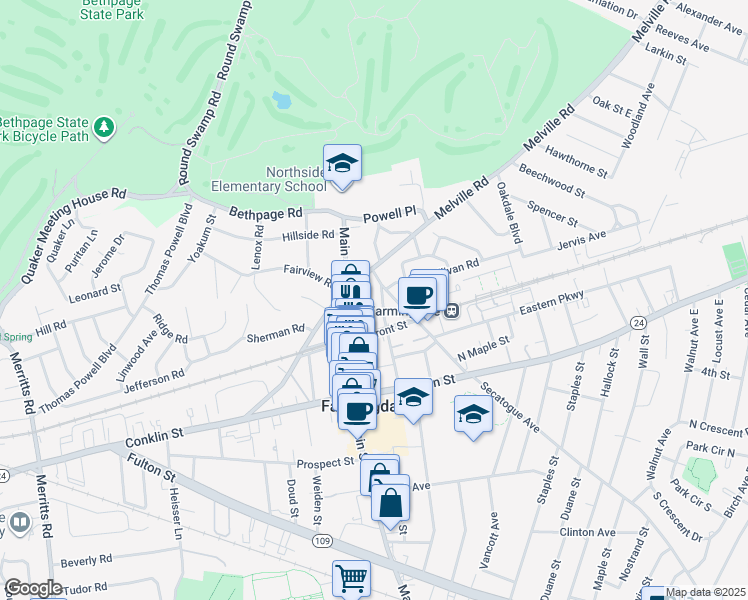 map of restaurants, bars, coffee shops, grocery stores, and more near 100 Secatogue Avenue in Farmingdale