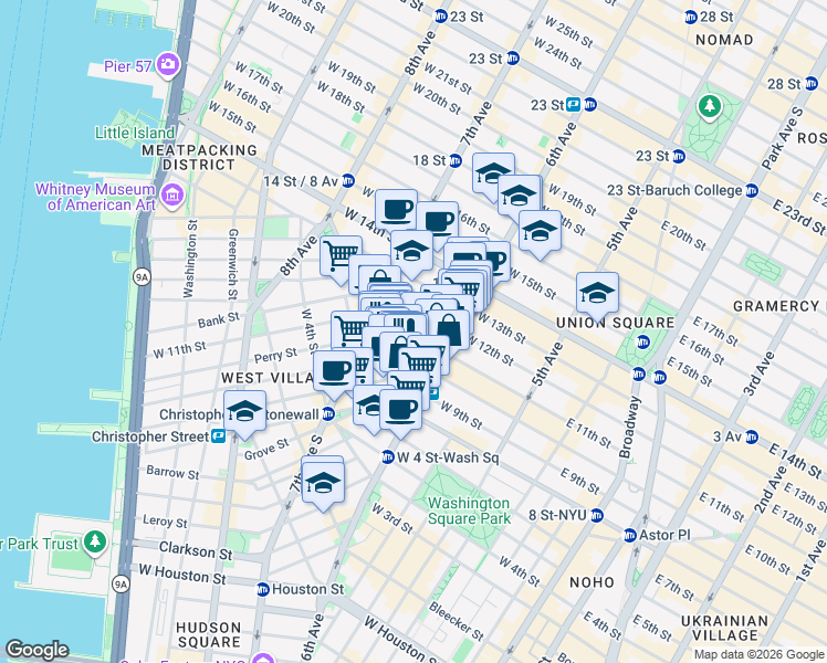 map of restaurants, bars, coffee shops, grocery stores, and more near 126 West 11th Street in New York