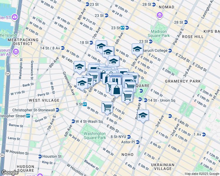 map of restaurants, bars, coffee shops, grocery stores, and more near 10 West 13th Street in New York