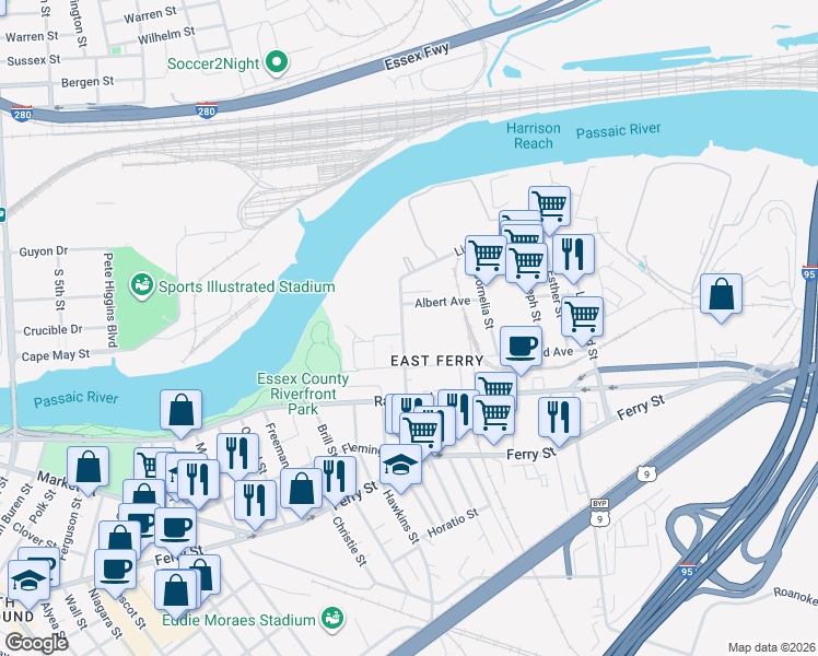 map of restaurants, bars, coffee shops, grocery stores, and more near 35 Riverview Court in Newark
