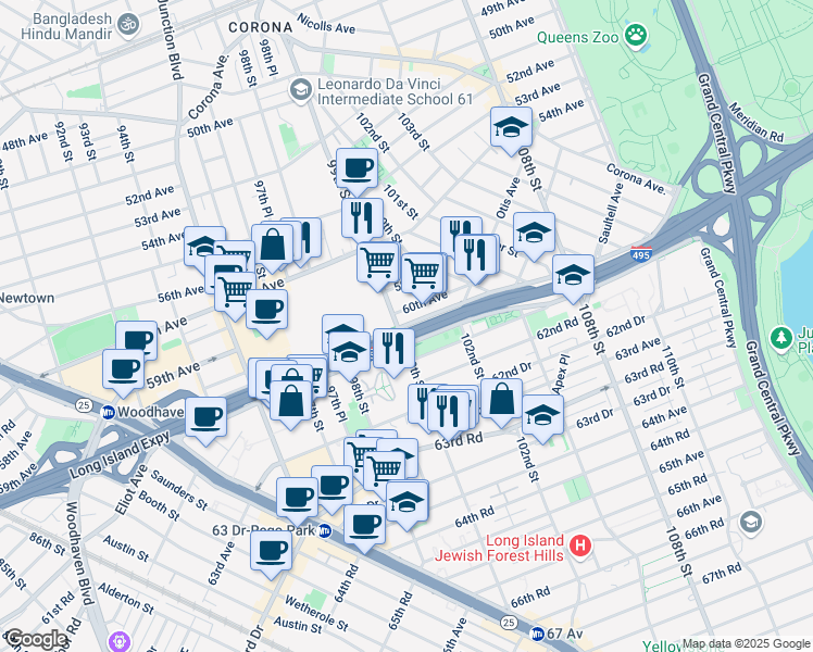 map of restaurants, bars, coffee shops, grocery stores, and more near 98 Horace Harding Expressway in Queens
