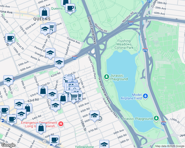 map of restaurants, bars, coffee shops, grocery stores, and more near 110-43 63rd Road in Queens