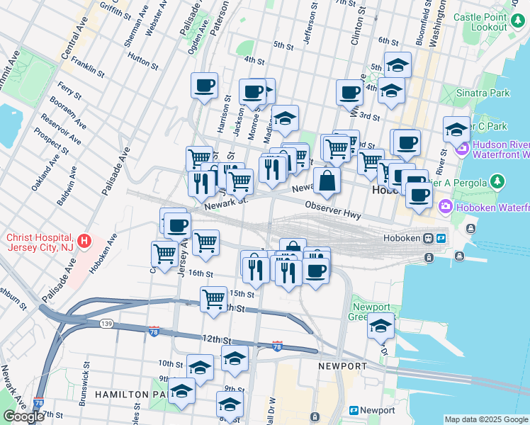map of restaurants, bars, coffee shops, grocery stores, and more near 689 Marin Boulevard in Jersey City