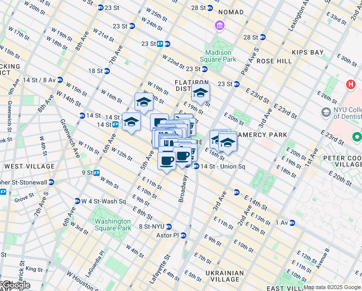 map of restaurants, bars, coffee shops, grocery stores, and more near 19 Union Square West in New York