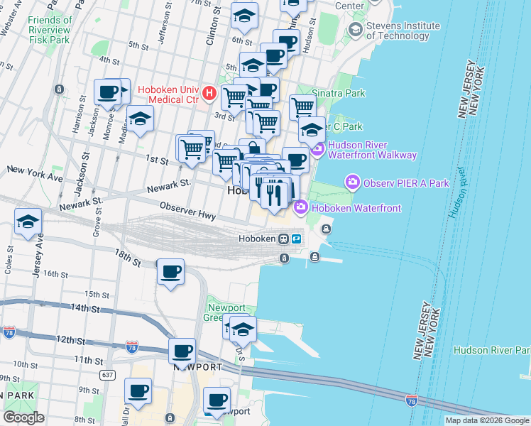 map of restaurants, bars, coffee shops, grocery stores, and more near 66 Hudson Street in Hoboken