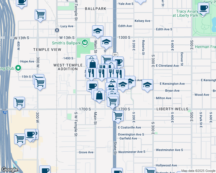 map of restaurants, bars, coffee shops, grocery stores, and more near 46 Bryan Avenue in Salt Lake City