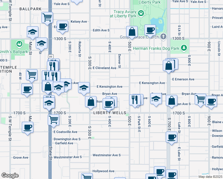 map of restaurants, bars, coffee shops, grocery stores, and more near 1537 South 400 East in Salt Lake City