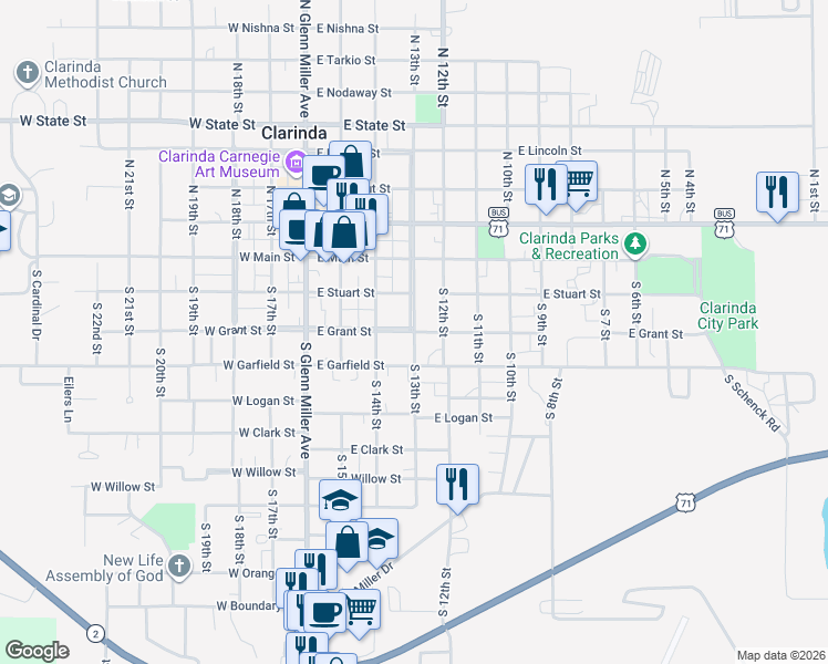 map of restaurants, bars, coffee shops, grocery stores, and more near 301 South 13th Street in Clarinda