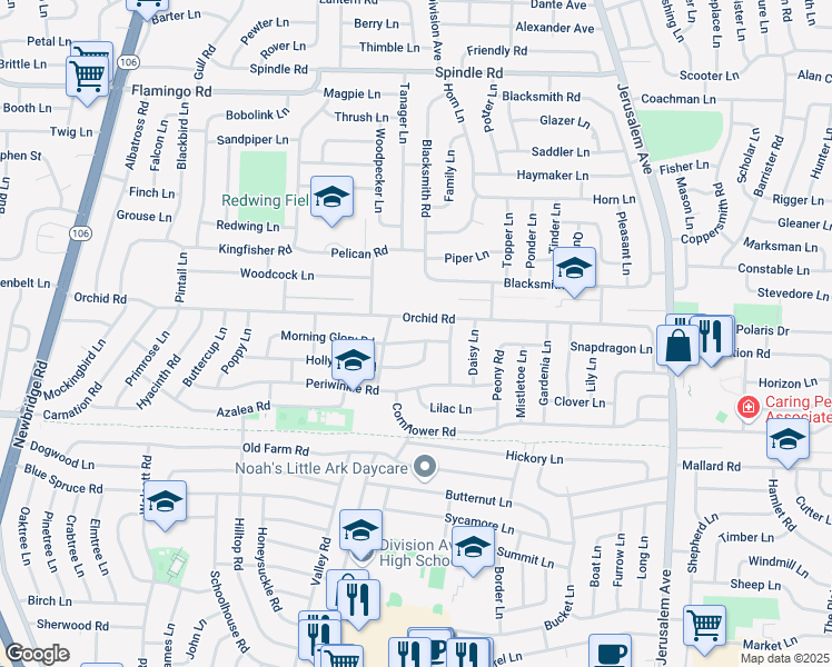 map of restaurants, bars, coffee shops, grocery stores, and more near 91 Morning Glory Road in Levittown