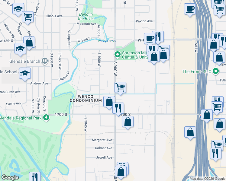 map of restaurants, bars, coffee shops, grocery stores, and more near 1625 South 900 West in Salt Lake City