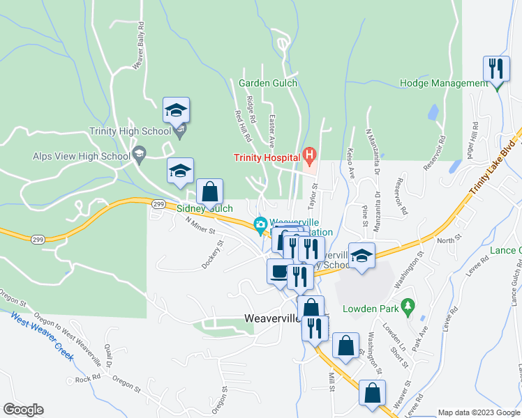 map of restaurants, bars, coffee shops, grocery stores, and more near 351 Main Street in Weaverville