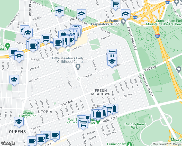map of restaurants, bars, coffee shops, grocery stores, and more near 190-6C 69th Avenue in Queens
