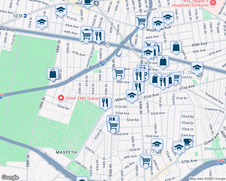 map of restaurants, bars, coffee shops, grocery stores, and more near 51-01 65th Street in Queens