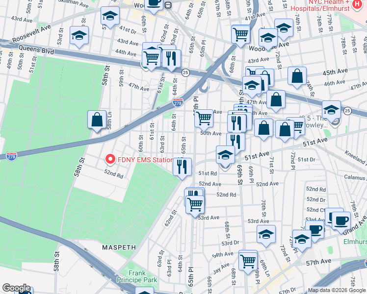 map of restaurants, bars, coffee shops, grocery stores, and more near 51-01 65th Street in Queens