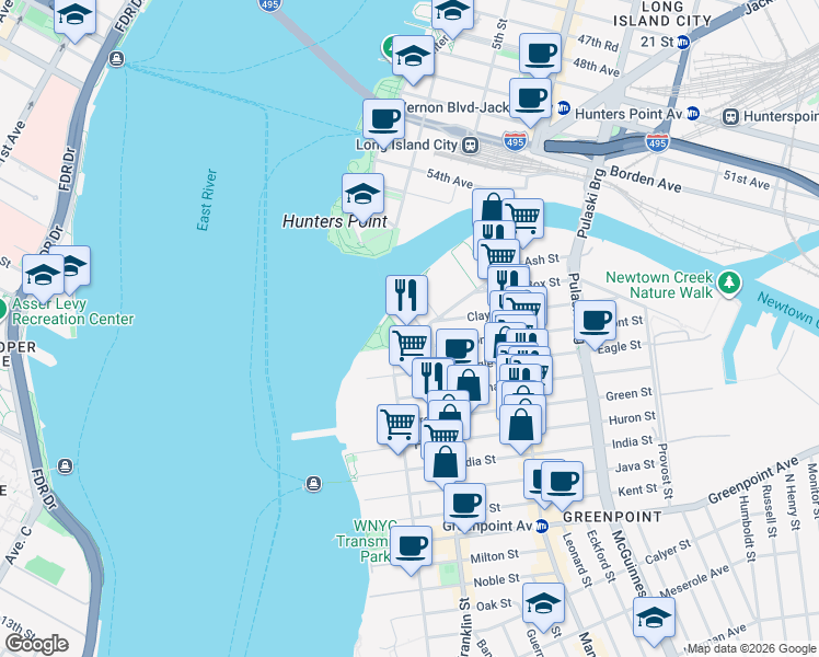 map of restaurants, bars, coffee shops, grocery stores, and more near 5 Commercial Street in Brooklyn