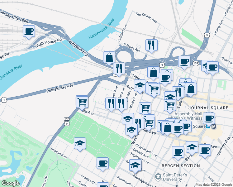 map of restaurants, bars, coffee shops, grocery stores, and more near 46 Dales Avenue in Jersey City