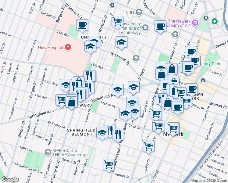 map of restaurants, bars, coffee shops, grocery stores, and more near 180 William Street in Newark