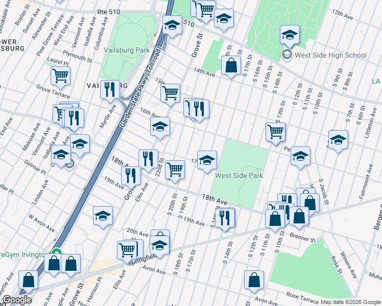 map of restaurants, bars, coffee shops, grocery stores, and more near 617 South 20th Street in Newark