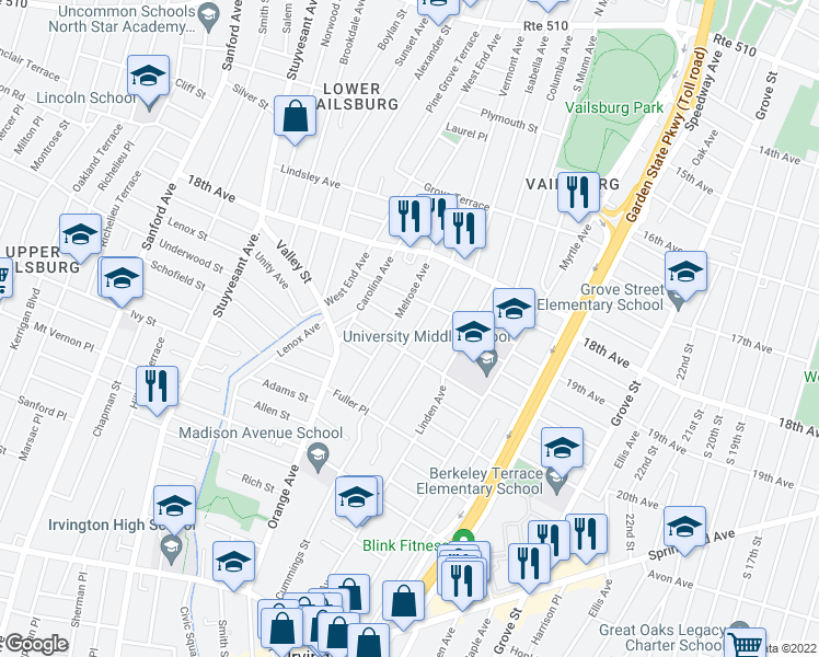 map of restaurants, bars, coffee shops, grocery stores, and more near 283 Isabella Avenue in Irvington