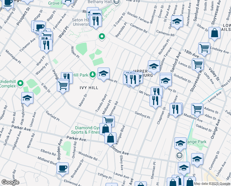map of restaurants, bars, coffee shops, grocery stores, and more near 158 Midland Place in Newark