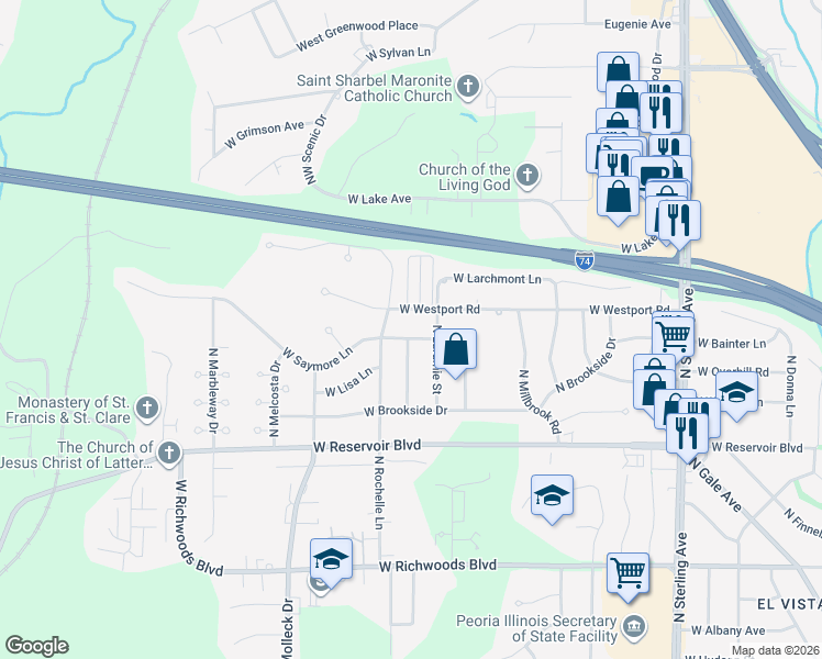 map of restaurants, bars, coffee shops, grocery stores, and more near 3202 West Saymore Lane in Peoria