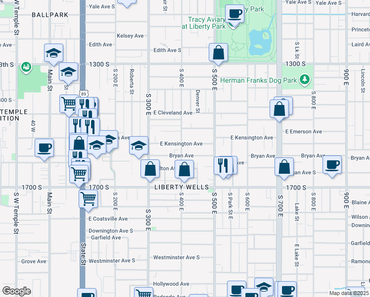 map of restaurants, bars, coffee shops, grocery stores, and more near 1537 South 400 East in Salt Lake City