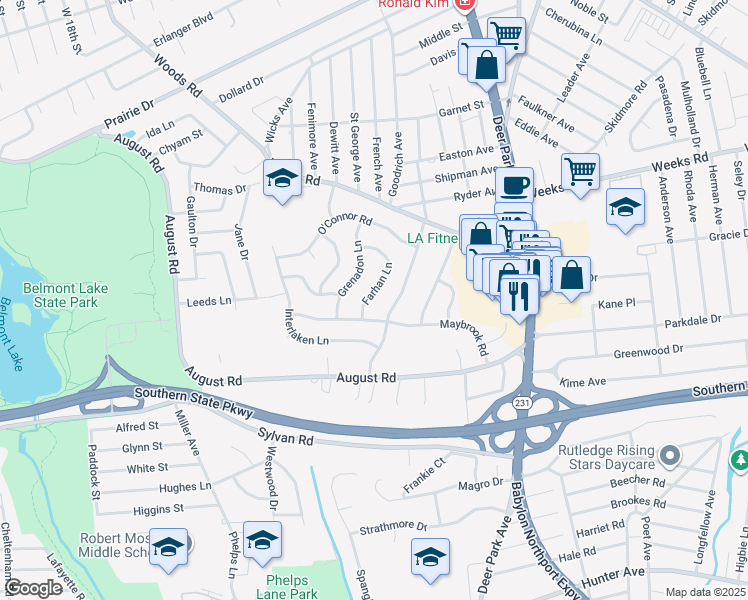 map of restaurants, bars, coffee shops, grocery stores, and more near 209 Farhan Lane in North Babylon