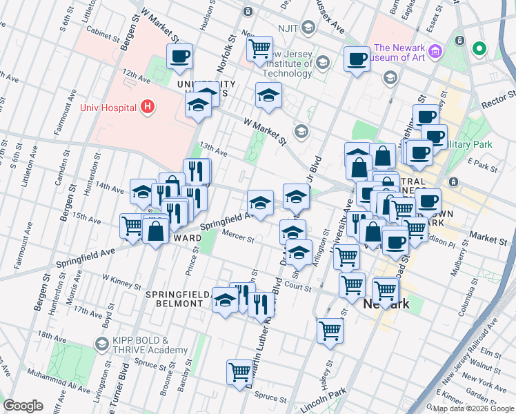 map of restaurants, bars, coffee shops, grocery stores, and more near 180 William Street in Newark