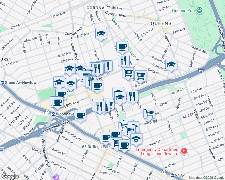 map of restaurants, bars, coffee shops, grocery stores, and more near in Queens