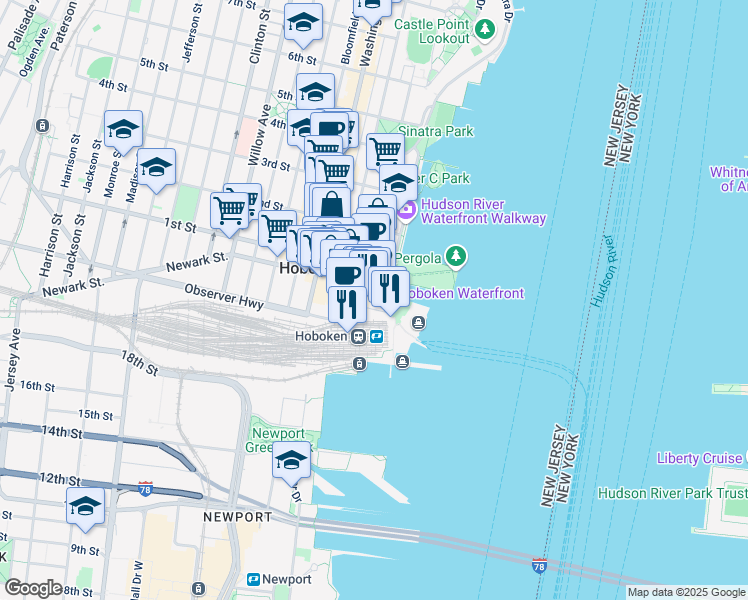 map of restaurants, bars, coffee shops, grocery stores, and more near 1 Hudson Place in Hoboken