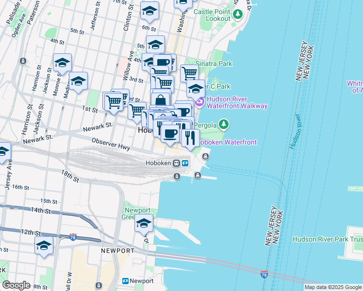 map of restaurants, bars, coffee shops, grocery stores, and more near 77-81 River Street in Hoboken