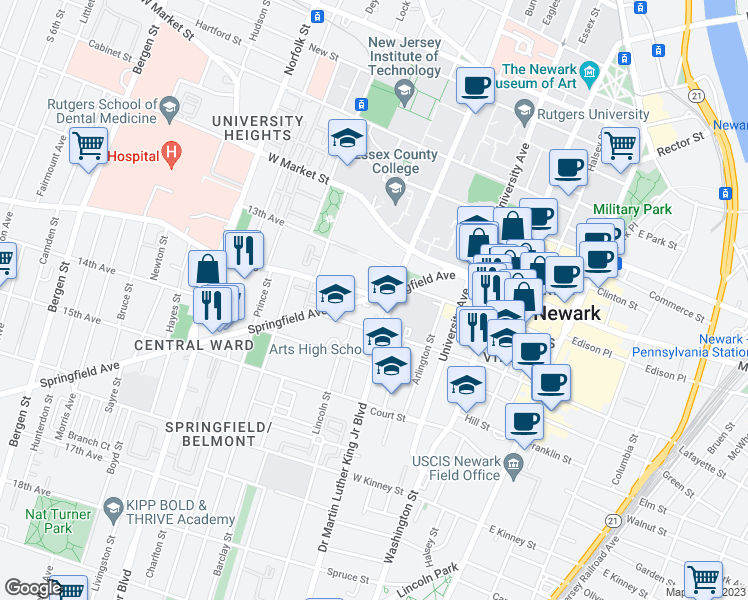 map of restaurants, bars, coffee shops, grocery stores, and more near 59 Springfield Avenue in Newark