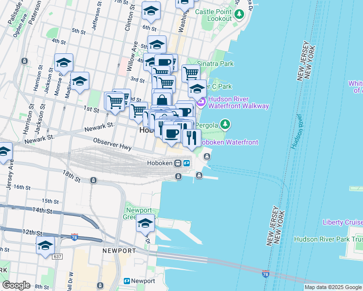 map of restaurants, bars, coffee shops, grocery stores, and more near 77 River Street in Hoboken