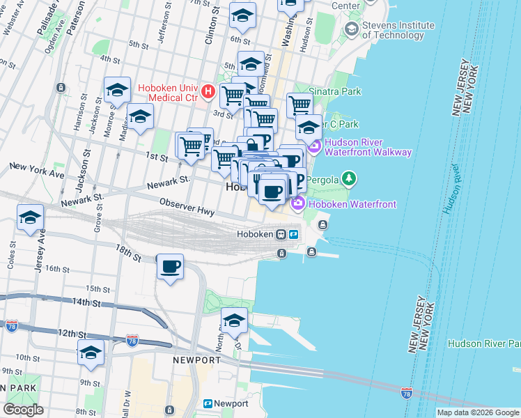 map of restaurants, bars, coffee shops, grocery stores, and more near 66 Hudson Street in Hoboken