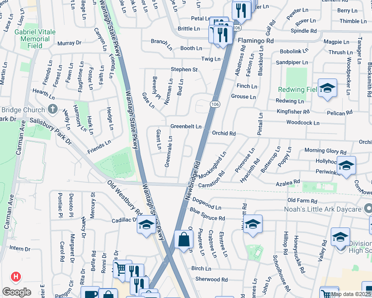 map of restaurants, bars, coffee shops, grocery stores, and more near 2 Grange Lane in Levittown