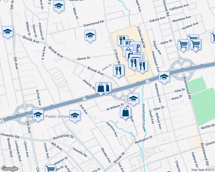 map of restaurants, bars, coffee shops, grocery stores, and more near 1555 Sunrise Highway in Bay Shore