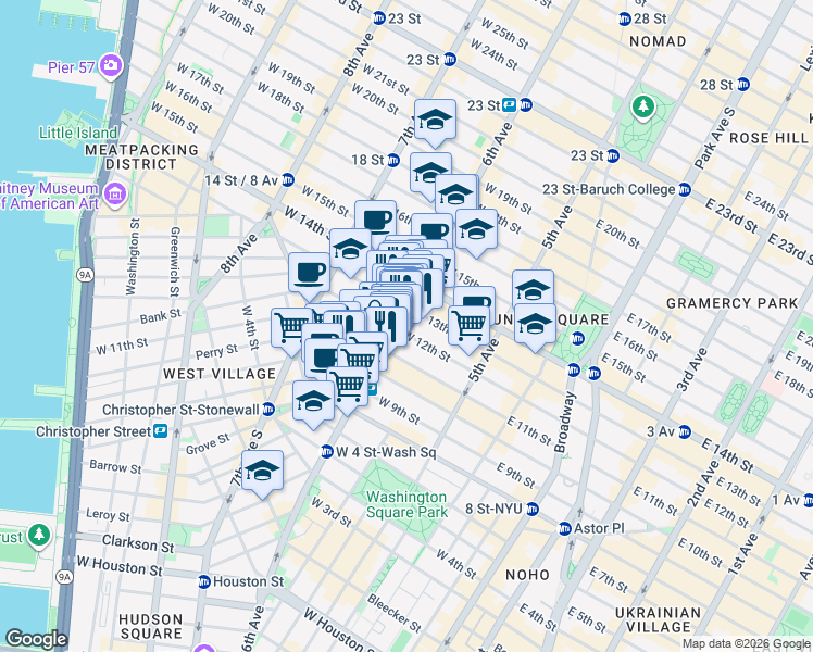 map of restaurants, bars, coffee shops, grocery stores, and more near 485 6th Avenue in New York