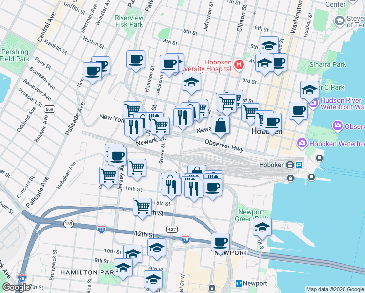 map of restaurants, bars, coffee shops, grocery stores, and more near 689 Marin Boulevard in Jersey City