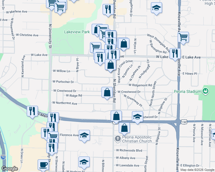 map of restaurants, bars, coffee shops, grocery stores, and more near 719 West Ridge Road in Peoria