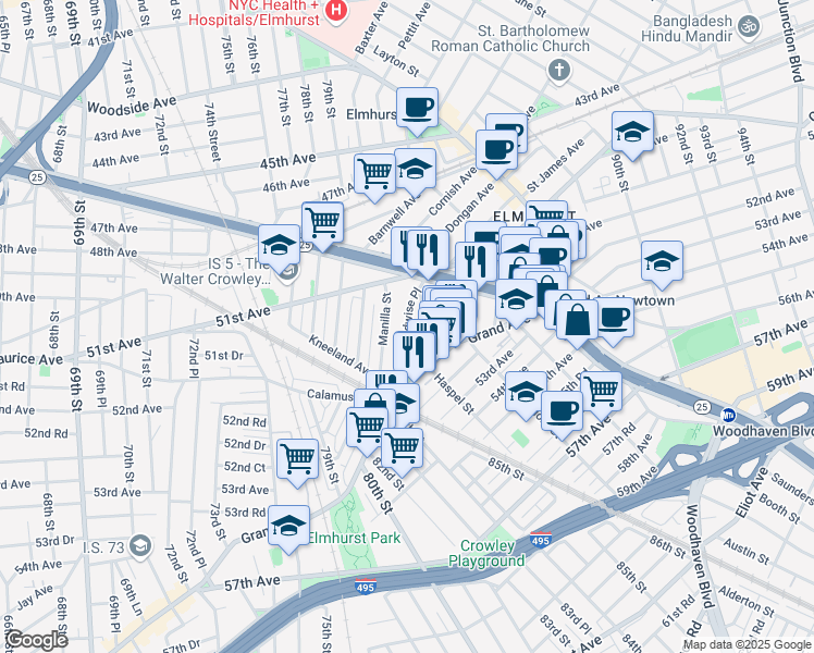 map of restaurants, bars, coffee shops, grocery stores, and more near Codwise Place in Queens