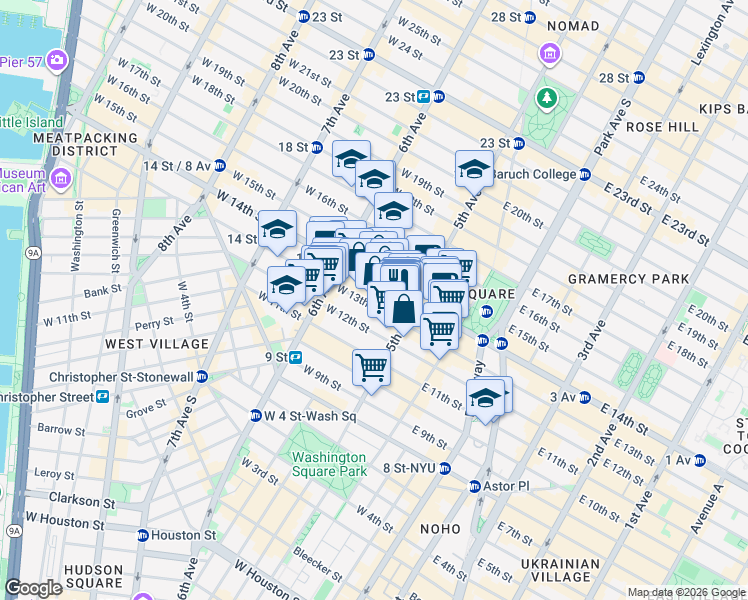 map of restaurants, bars, coffee shops, grocery stores, and more near 10 West 13th Street in New York