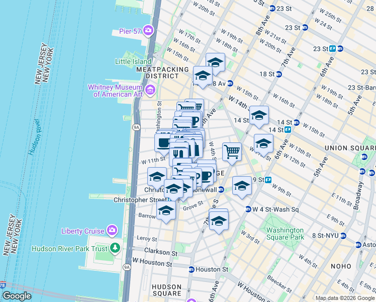map of restaurants, bars, coffee shops, grocery stores, and more near 295 West 11th Street in New York